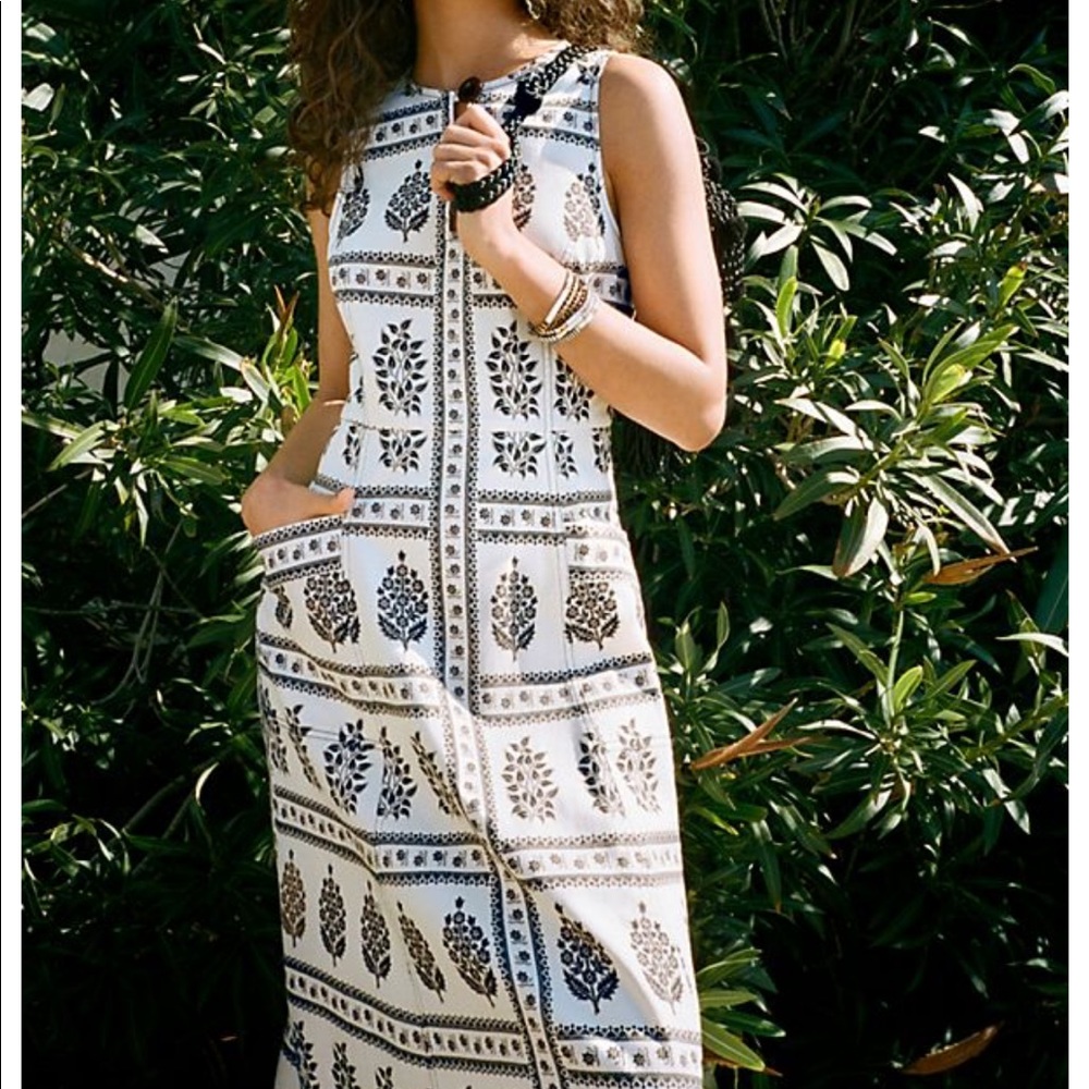 ANTHROPOLOGIE + WOODBLOCK white printed midi dress